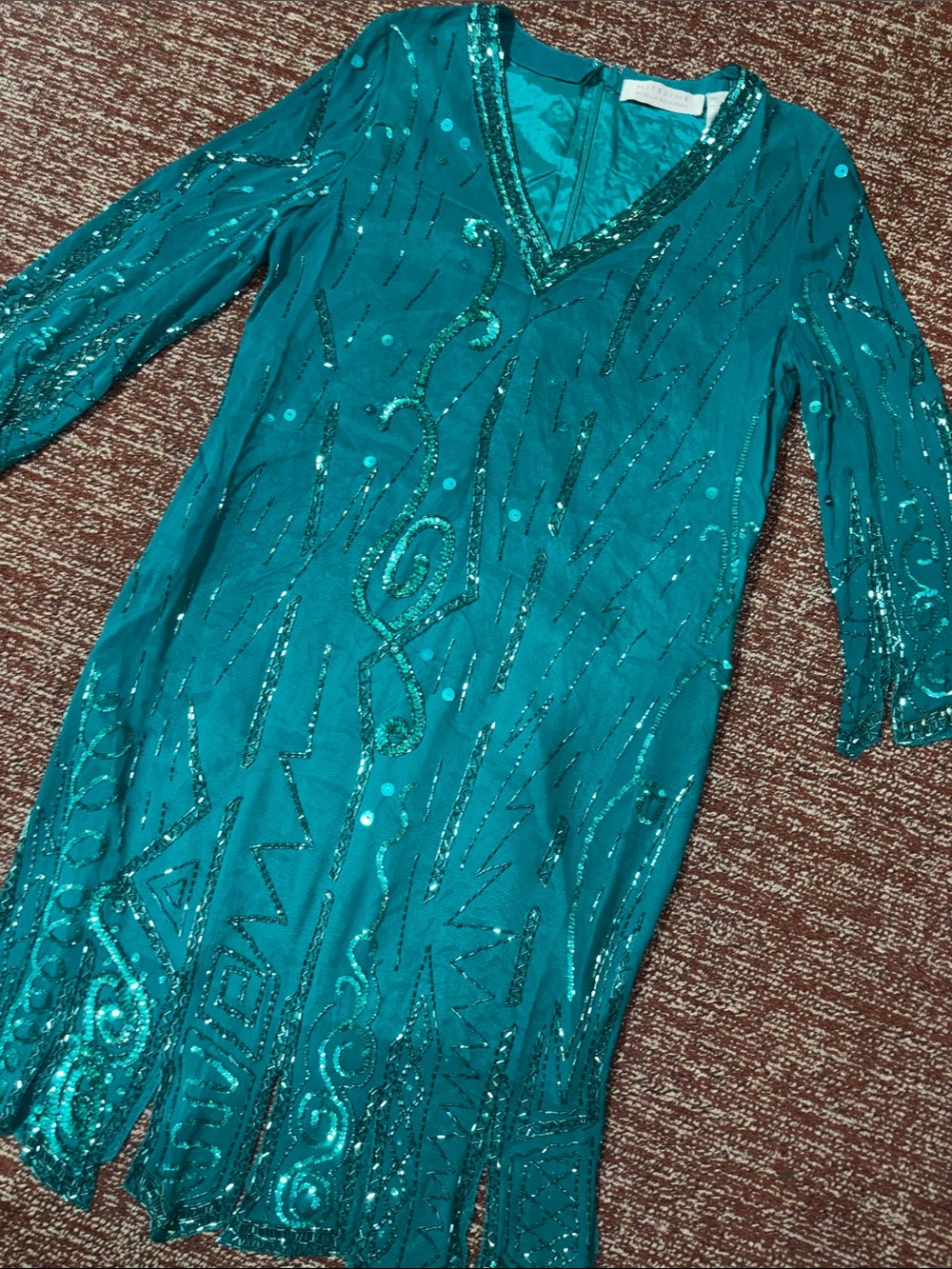 Vintage Niteline green beaded sequin dress 100% silk teal fairy dress size 8